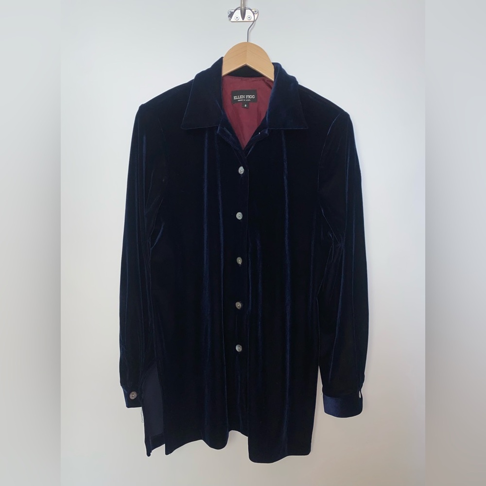 Vintage Ellen Figg Blue Velvet Button-Up Blouse |‎ Size 8